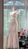 Light Apricot Mermaid Spaghetti Strap Beaded Chiffon Prom Dress Wedding Guest Dress HZ1023