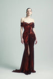 Burgundy Liquid Metal Mermaid Off the Shoulder Satin Prom Dress Evening Dress with Slit HZ1023