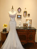 Exquisite Mermaid Spaghetti Strap Beaded Sequin Tulle Prom Dress Date Dress HZ1023
