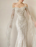Stunning White Pearl Mermaid Long Sleeve Sequin Tulle Evening Dress Party Dress Wedding Dress HZ1023