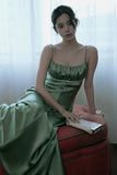 Vintage A Line Spaghetti Strap Beaded Green Satin Party Dress Evening Dress HZ1023