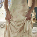 Cute A Line Spaghetti Strap Print Flower Satin Prom Dress Graduation Prom Dress HZ1023