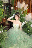 Princess A Line Sweetheart Neck Beaded Green Tiered Tulle Long Party Dress Evening Dress HZ1023