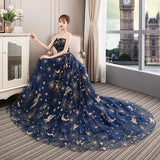 Navy Blue Tulle Mesh Long Off Shoulder Formal Dress, Blue New Style Party Dress Prom Dress HZ1023