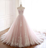 Light Pink A Line Beaded Appliques Tulle Prom Dress Evening Dress HZ1023