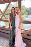 Sparkly Straps Mermaid Sequin Backless Prom Dress Evening Dress with Slit HZ1023