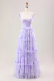 Gentle A Line Strap Print Floral Purple Tulle Prom Dress Graduation Prom Dress HZ1023