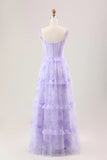 Gentle A Line Strap Print Floral Purple Tulle Prom Dress Graduation Prom Dress HZ1023