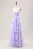 Gentle A Line Strap Print Floral Purple Tulle Prom Dress Graduation Prom Dress HZ1023