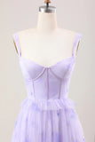 Gentle A Line Strap Print Floral Purple Tulle Prom Dress Graduation Prom Dress HZ1023