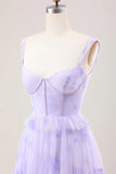 Gentle A Line Strap Print Floral Purple Tulle Prom Dress Graduation Prom Dress HZ1023