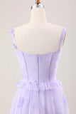 Gentle A Line Strap Print Floral Purple Tulle Prom Dress Graduation Prom Dress HZ1023