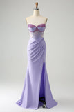 Sexy Mermaid Strapless Beading Satin Prom Dress with Slit HZ1023