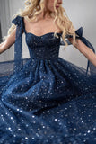Star Sequin Navy Blue A Line Straps Layered Tulle Date Dress Prom Dress Evening Dress HZ1023