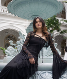 Vintage A Line Strapless Bead Flower Black Chiffon Long Evening Dress HZ1023