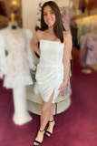 Spaghetti Straps White Pleated Short Homecoming Dress HZ1023