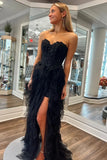 Coral A Line Sweetheart Neck Layered Tulle Long Wedding Guest Dress Evening Dress with Slit HZ1023