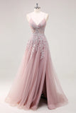 Lavender A Line Spaghetti Straps Appliques Beaded Tulle Long Prom Dress Graduation Prom with Slit HZ1023