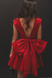 Red Deep V-neck Floral Bow Satin Short Homecoming Dresses HZ1023