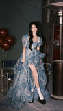 Romantic A Line Puff Sleeve Print Flower Blue Chiffon Party Dress Evening Dress with Slit HZ1023