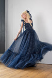 Star Sequin Navy Blue A Line Straps Layered Tulle Date Dress Prom Dress Evening Dress HZ1023