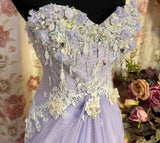 Lilac A Line Sweetheart Neck Beaded Satin Lace Prom Dresses Long Evening Party Dress HZ1023