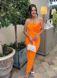 Charming Sheath Strapless 3D Floral Orange Satin Prom Dress Evening Dress HZ1023