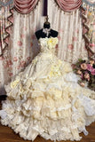 Vintage Yellow Ball Gown Strapless Floral Layered Tulle Prom Dress 16th Birthday Dress HZ1023