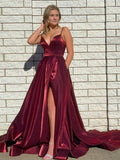 A Line Spaghetti Strap Burgundy Satin Long Prom Dress With Slit HZ1023