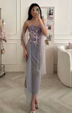 Exquisite Purple Floral Sheath Sweetheart Neck Tulle Prom Dress Evening Dress Formal Dress HZ1023
