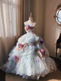 Romantic Hydrangea Flower Sweetheart Neck Ball Gown Layered Blue Organza Prom Dress Birthday Dress HZ1023