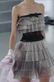 Unique A Line Strapless Layered Grey Tulle Black Sequin Homecoming Dress HZ1023