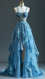 Stunning A Line Spaghetti Strap Blue Appliques Tulle Prom Dress Evening Dress HZ1023
