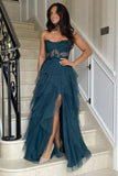 Coral A Line Sweetheart Neck Layered Tulle Long Wedding Guest Dress Evening Dress with Slit HZ1023