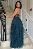 Coral A Line Sweetheart Neck Layered Tulle Long Wedding Guest Dress Evening Dress with Slit HZ1023