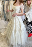 Vintage Wedding Dress A Line Off the Shoulder Lace Tulle Long Prom Dress HZ1023