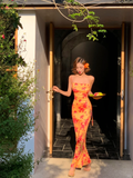 Sexy Sheath Spaghetti Straps Orange Print Floral Satin Long Prom Dress Outfits HZ1023