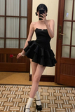 Chic Strapless Black Satin Short Prom Dress Layered Homecoming Dresses HZ1023