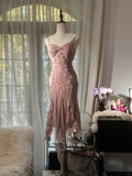 Cute Mermaid Spaghetti Strap Beaded Ruffle Pink Chiffon Short Homecoming Dress Birthday Dress HZ1023