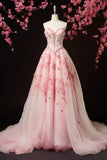 Light Pink A Line Sweetheart Neck 3D Flower Satin Tulle Prom Dress Evening Dress HZ1023