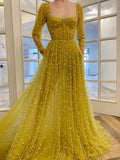 Yellow sweetheart tulle beads long prom dress, yellow evening dress HZ1023