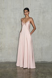 Light Pink Simple A Line Spaghetti Strap Satin Long Prom Dress Evening Dress HZ1023