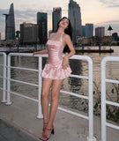 Pink A Line Halter Lace Satin Backless Mini Homecoming Dress with Bow HZ1023