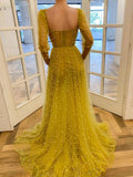 Yellow sweetheart tulle beads long prom dress, yellow evening dress HZ1023