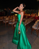 Elegant A Line Strapless Green Satin Long Prom Dress Evening Dress HZ1023
