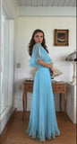 Gentle A Line Round Neck Blue Pleated Chiffon Long Evening Dress Party Dresses HZ1023