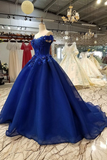 Royal Blue Off-The-Shoulder Evening Dresses, Appliques Formal Prom Dress HZ1023