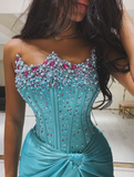 Gorgeous Sheath Strapless Pearl Beaded Blue Satin Prom Dress Evening Dress with Slit HZ1023