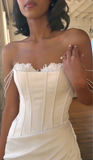 Classic Mermaid Strapless Pearl Satin Wedding Dress Prom Dress with Slit HZ1023