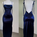 Sexy Sheath Spaghetti Straps Backless Navy Blue Satin Prom Dress Evening Dress HZ1023